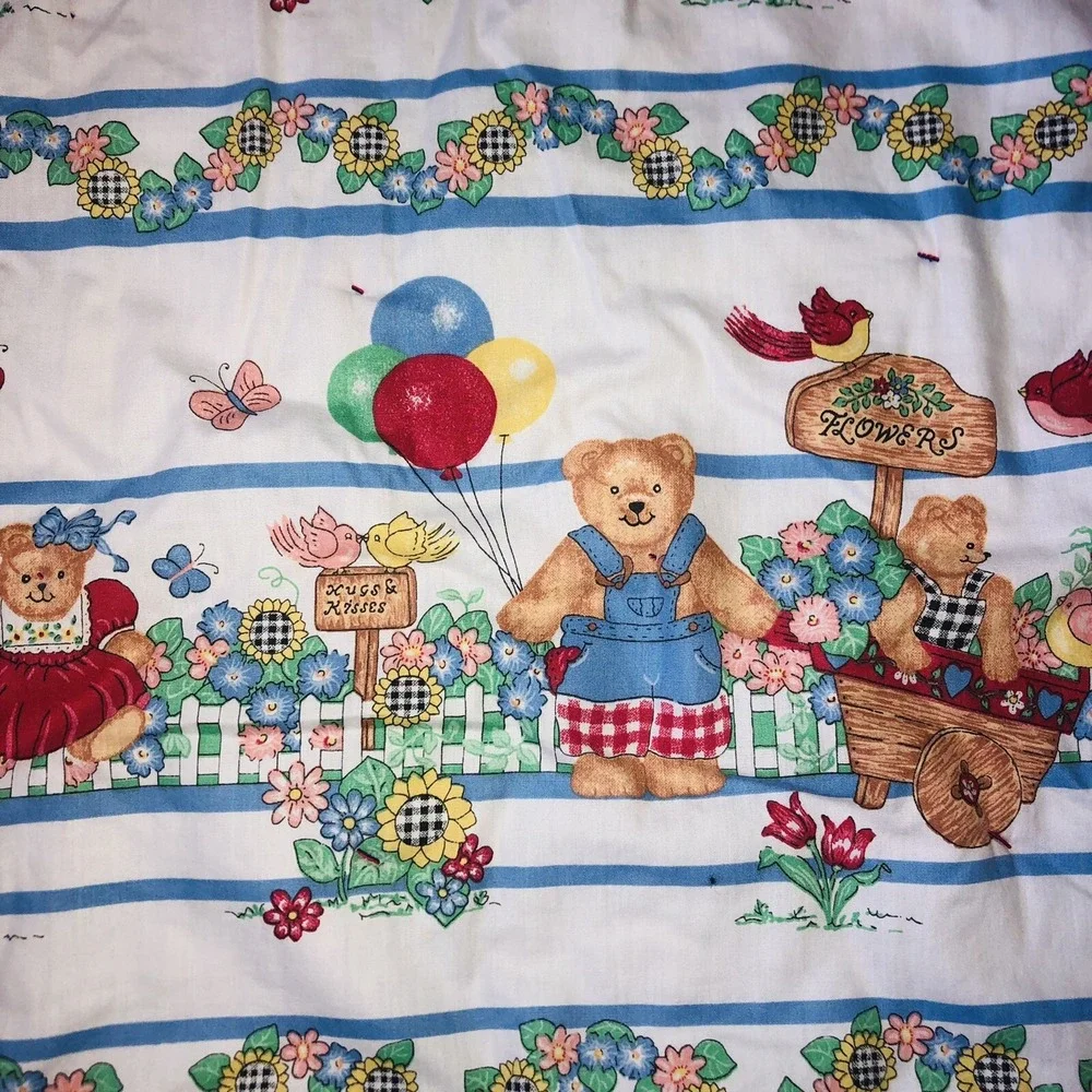 VTG Rag Denim Jean Baby Quilt Blanket 2 Sided Bears Flower Upcycled Handmade